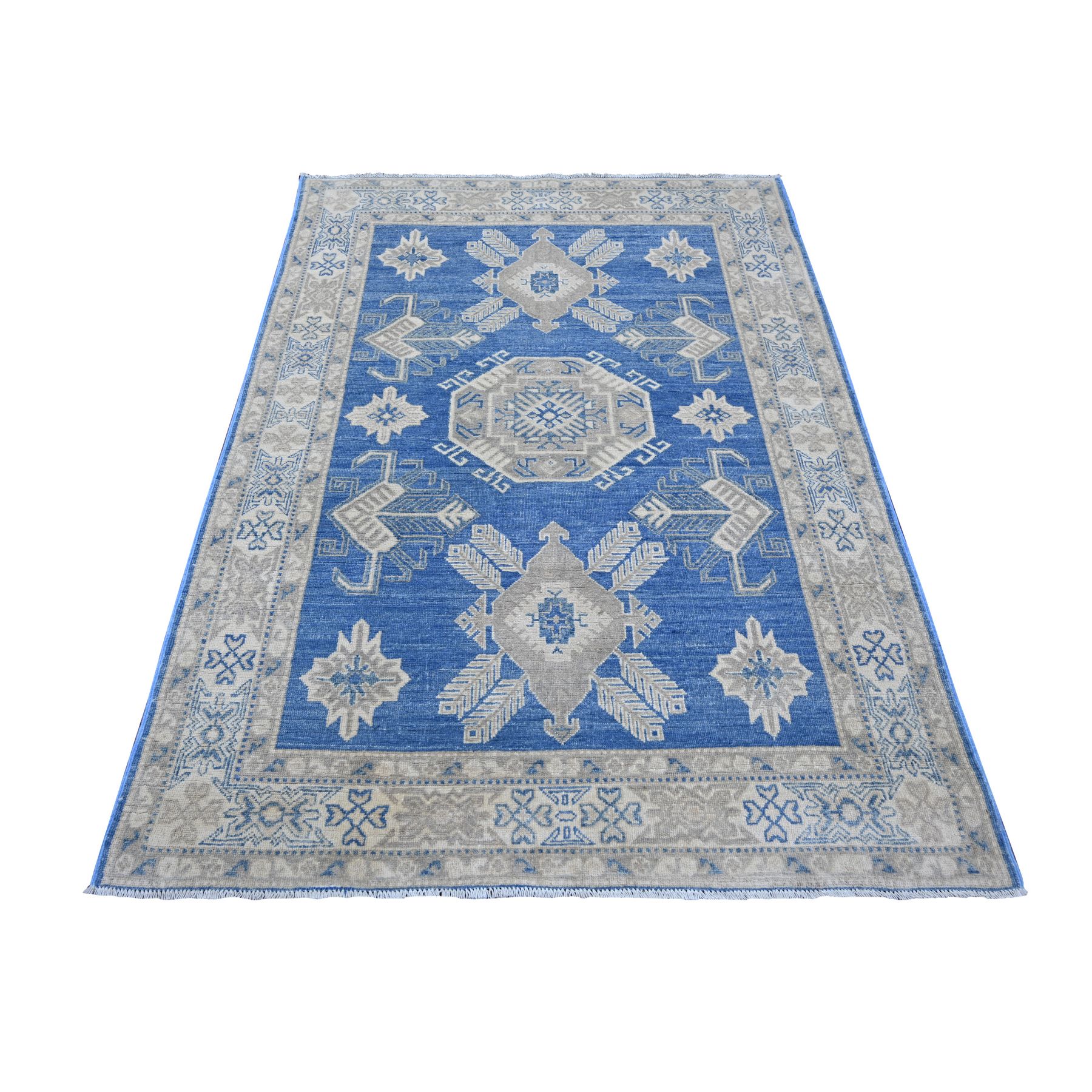4'9"x6'5" Bayern Blue, Vintage Look Kazak with Geometric Medallions, Hand Knotted, 100% Wool, Natural Dyes, Oriental Rug 
